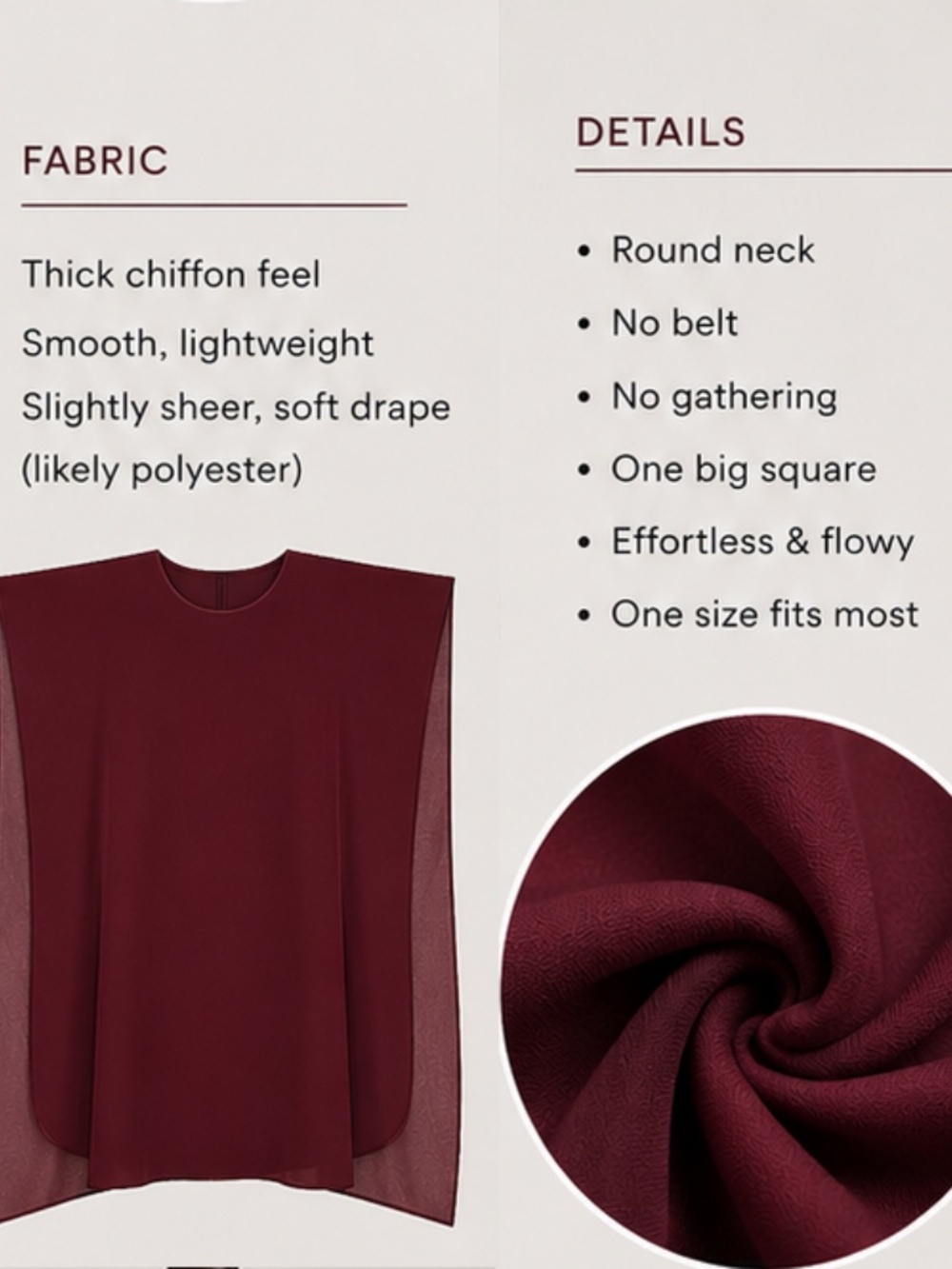 Burgundy Flowing Square Kaftan | One Size Resort Caftan - Picture 3 of 3